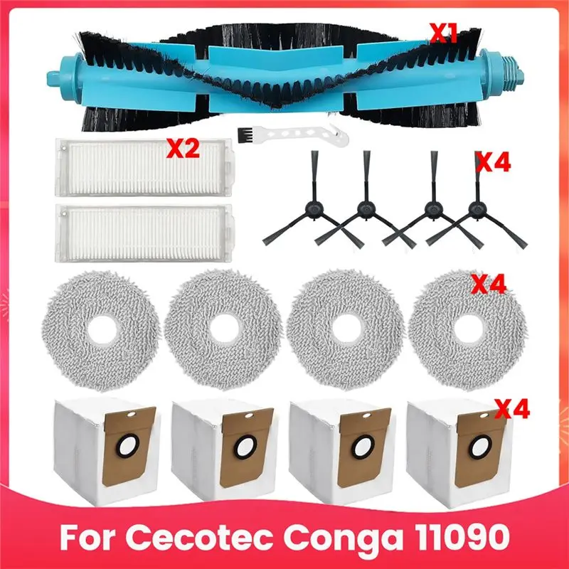 

AEE4-For Cecotec Conga 11090 Vacuum Cleaner Robot Replacement Part Main Side Brush Hepa Filter Mop Cloth Dust Bags