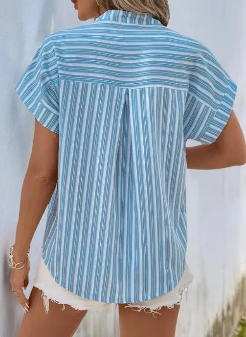 

2025 New Summer Casual Simple Style Unique Women Top Fashion Spring Latest Splicing Shirt Commuter Casual Striped Top for Women