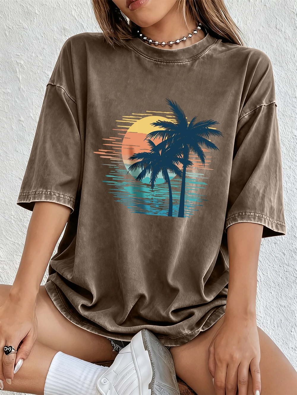 Sonnenuntergang Kokospalmen-Szene Baumwoll-Washed-T-Shirts für Damen – Sommerliche Basic Oversized Oberteile, bequem, weich, Distressed, O-Neck Streetwear – Detail 16
