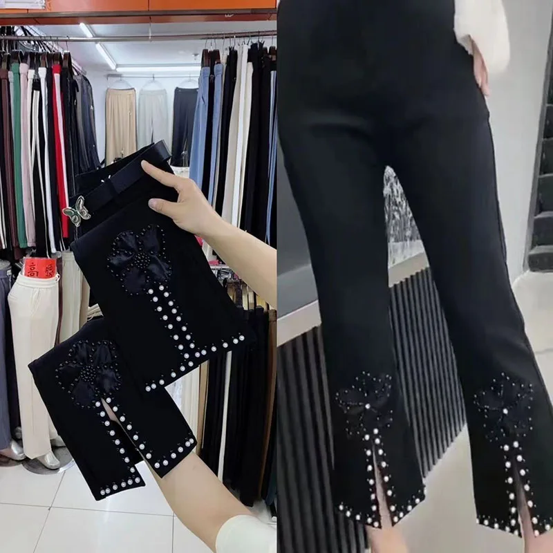 Spring Summer New Heavy Industry Black Flower Nail Bead Micro Pull Pants Female Slim Elastic Casual Short Versatile Women Pants
