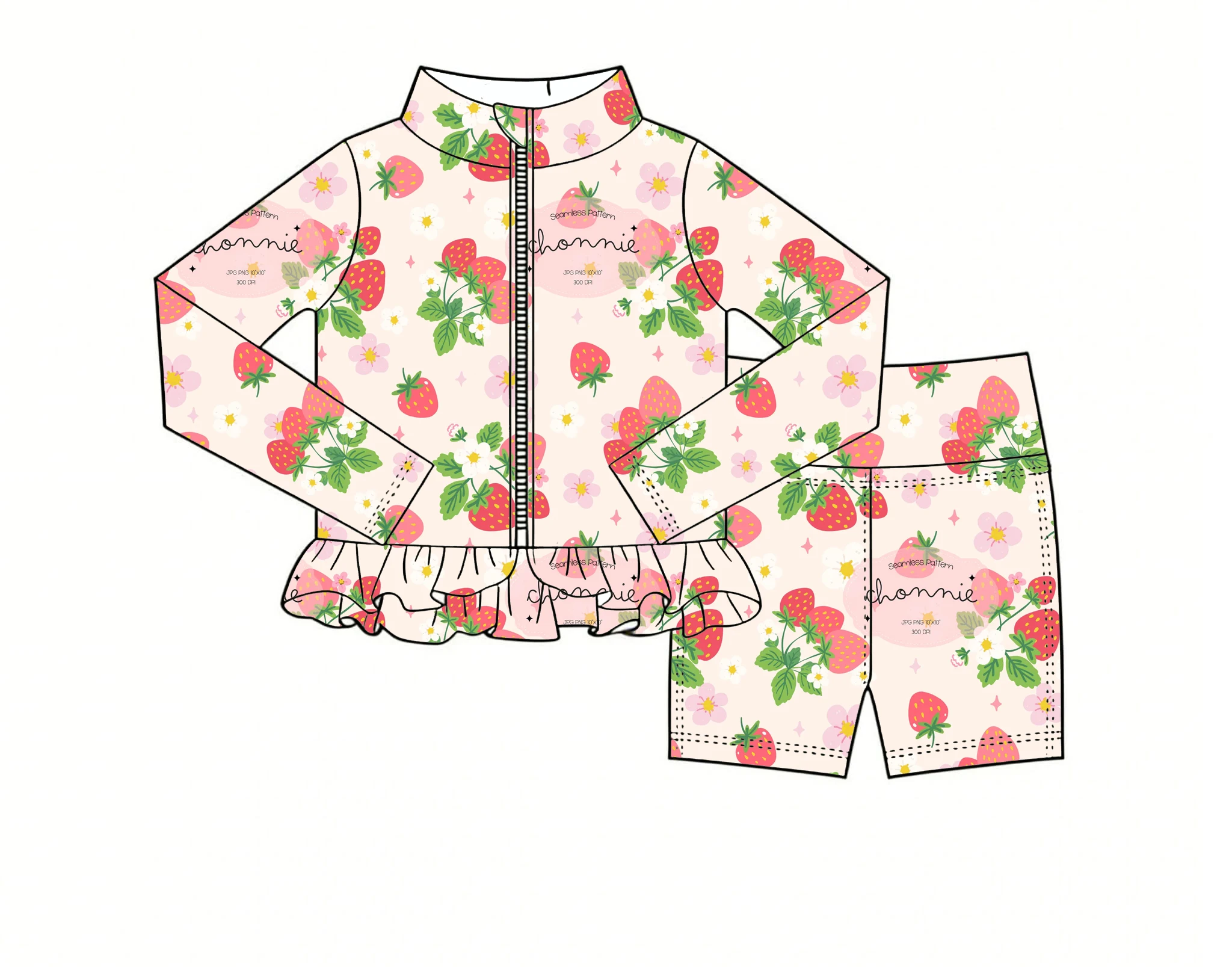 New Summer Style Strawberry Print Ruffled Hem Zipper Long-sleeved Top and Fitted Shorts Girls Boutique Set
