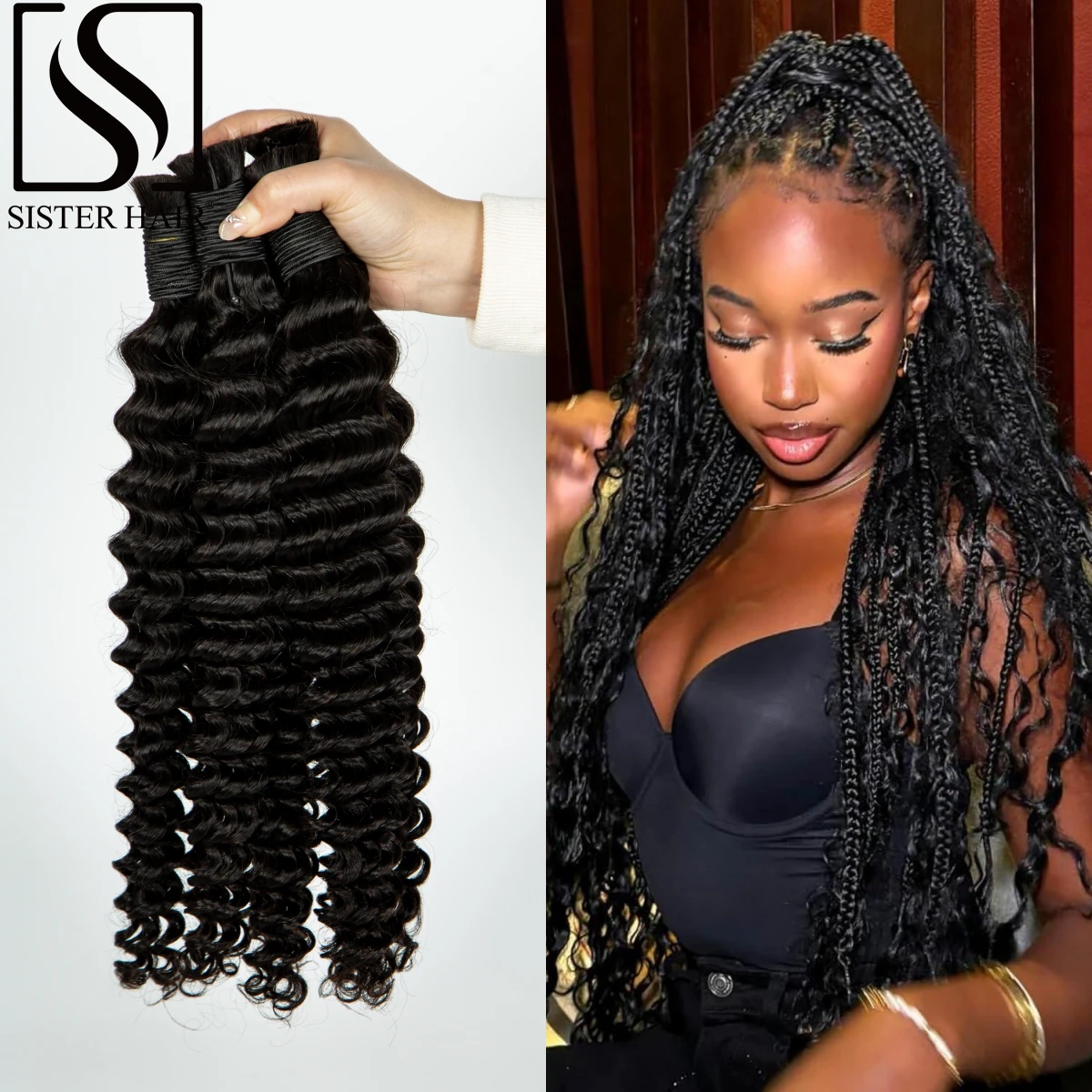 

Natural 26 28 Inch 100% Virgin Human Hair Bulk for Boho Braiding No Weft Brazilian Remy Hair Bulk Deep Wave Curly Braided Bundle