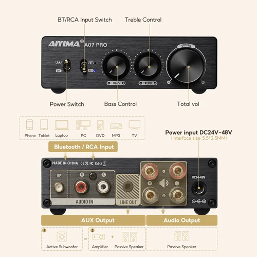 Imagen 2 del producto AIYIMA A07 PRO amplificador Bluetooth TPA3255 QCC304X estéreo 2,0 canales 300Wx2 amplificador Digital de potencia RCA APT-X amplificador de sonido doméstico