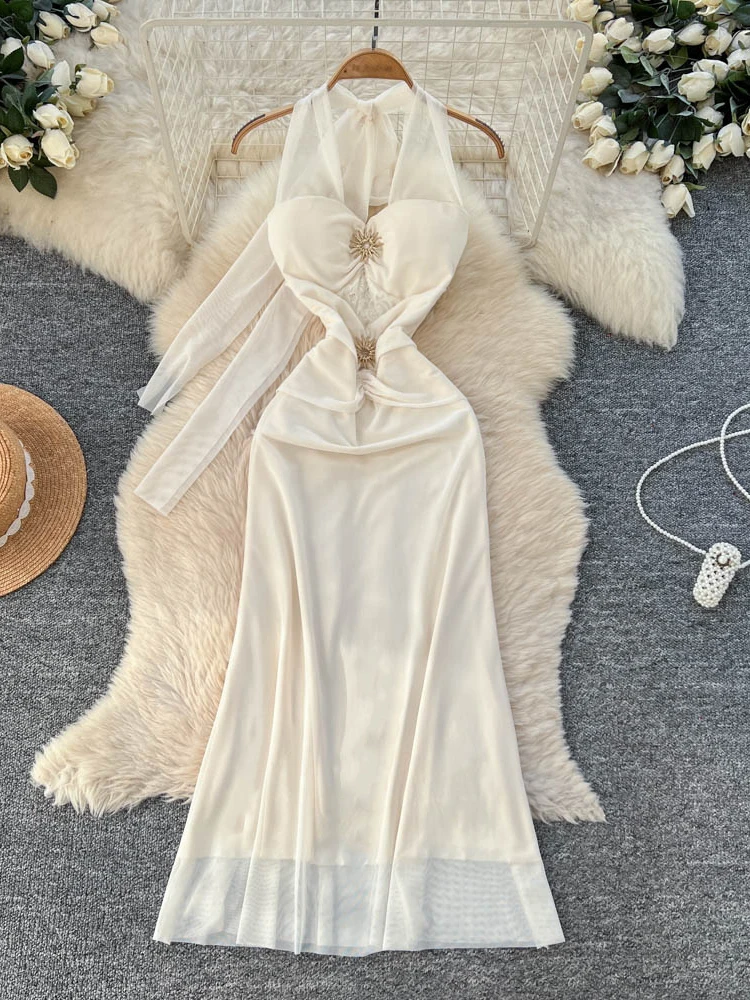 레이스 스플라이스 헤비 자수 메탈 블루 스트랩 여성용 하이웨이스트 A라인 드레스 슬림핏 출퇴근룩