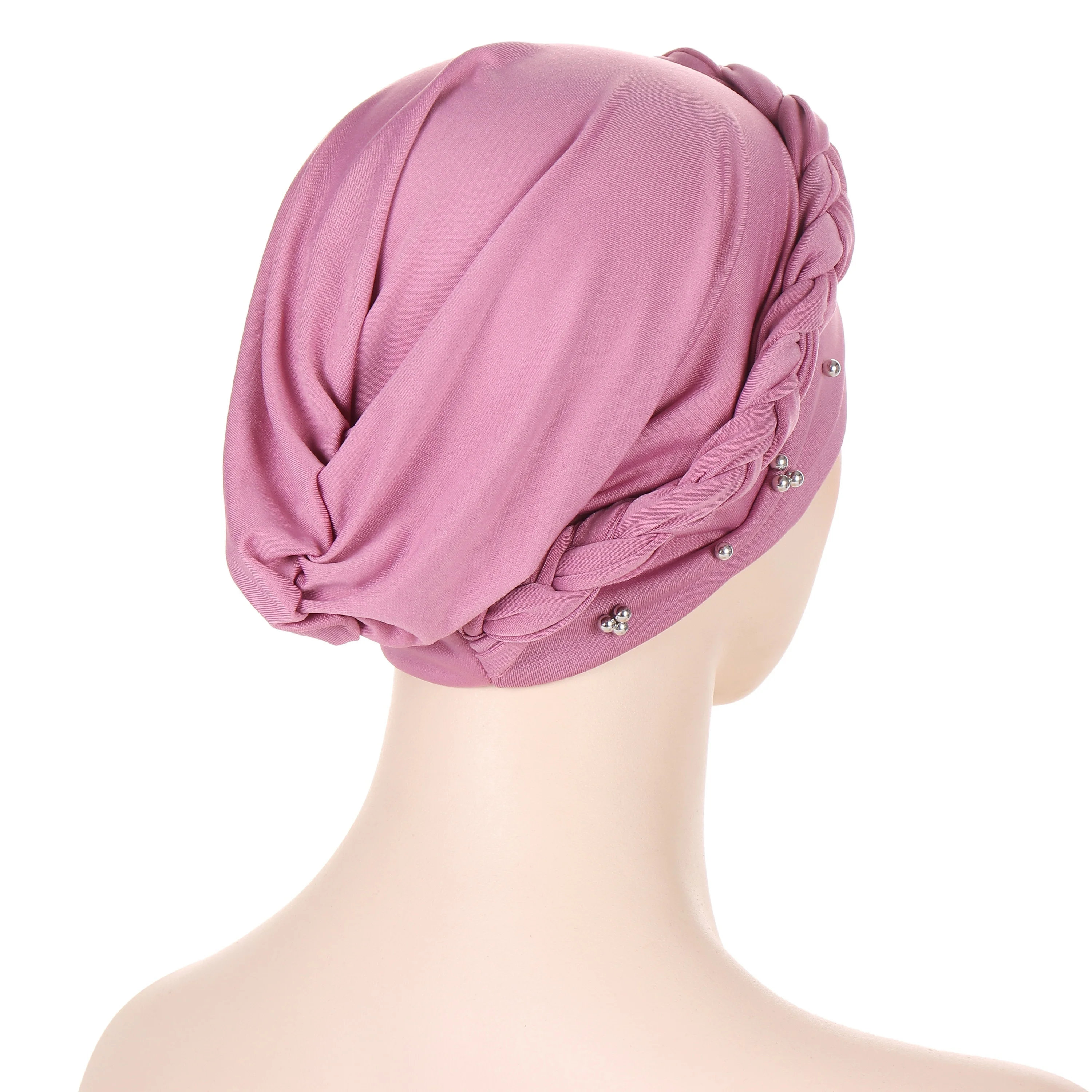 Beads Decor Braided Turban Cap Solid Color Elastic Hijab Hat Lightweight Head Wraps Women Chemo Cap Bonnet