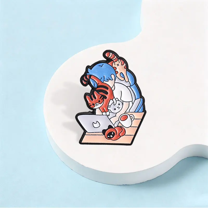 Boy Surrounded By Cats At Desk Cartoon Enamel Pin Cute Boy and Multiple Cats Interacting Brooch Bags Lapel Badge for Cat Lovers