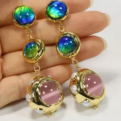 GuaiGuai Jewelry Blue Murano Glass White Pearl Cat eye Gold Plated Dangle Stud Earrings Handmade Women Fashion Gifts