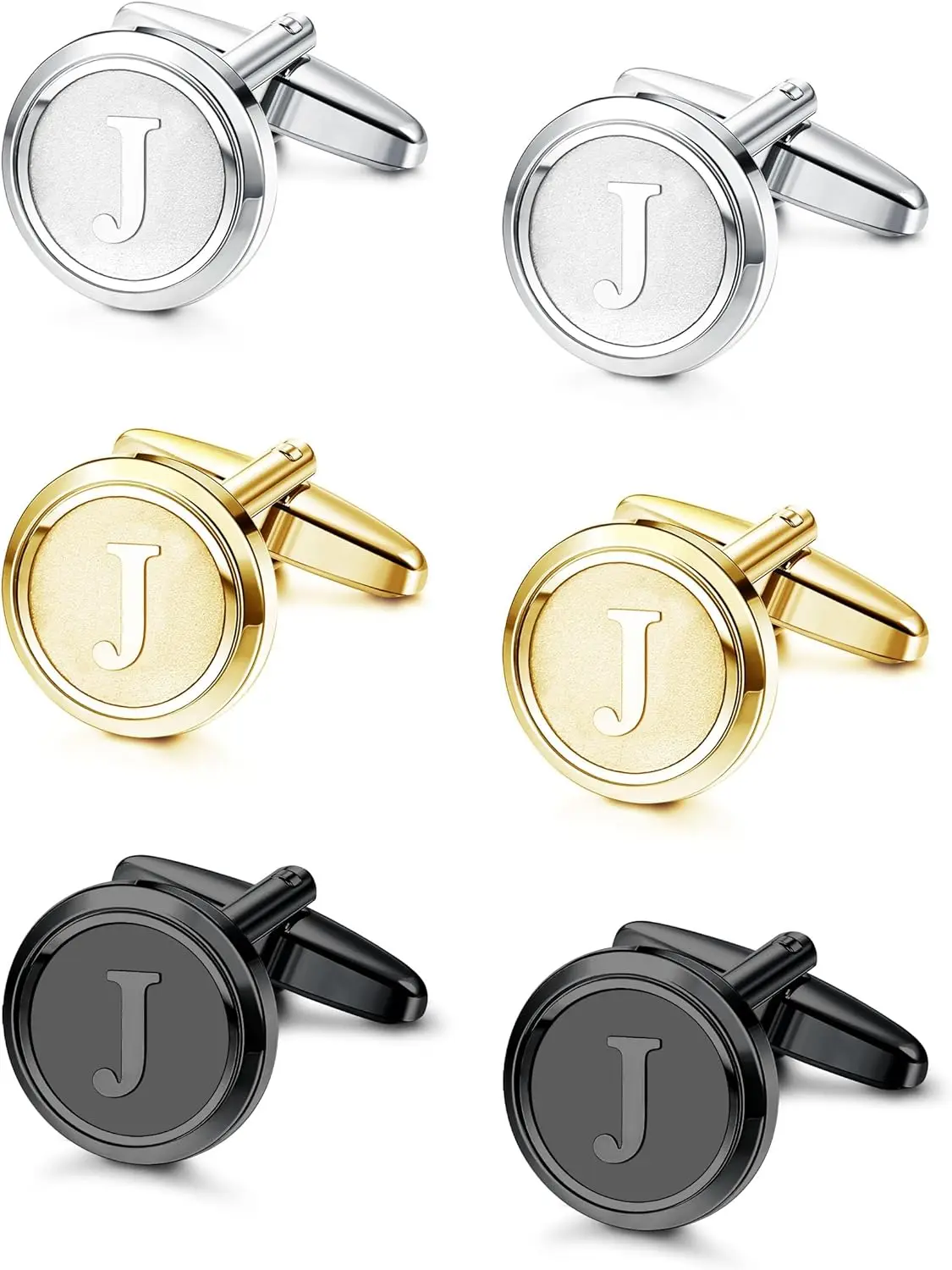 

3 Pairs Initial Cufflinks Set - Classic Letter Cuff Links for Men, Silver Black & 14K Gold Plated, Gift Box