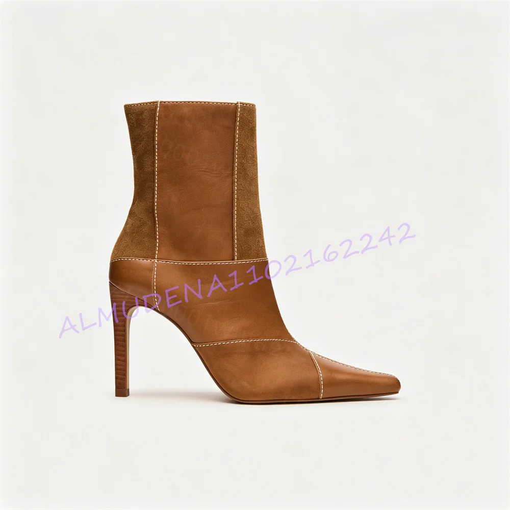 Women Brown Leather Ankle Boots Pointed Toe Stiletto Heel Short Boots Fashion Elegant Party Shoes Contrast Stitching  Footwear
