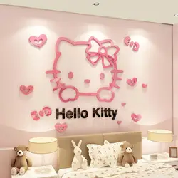 DIY Cartoon Anime Hello Kitty Wall Sticker Kawaii Mirror Acrylic Crystal 3D Self-assembly Wall Sticker Girl Bedroom Decor