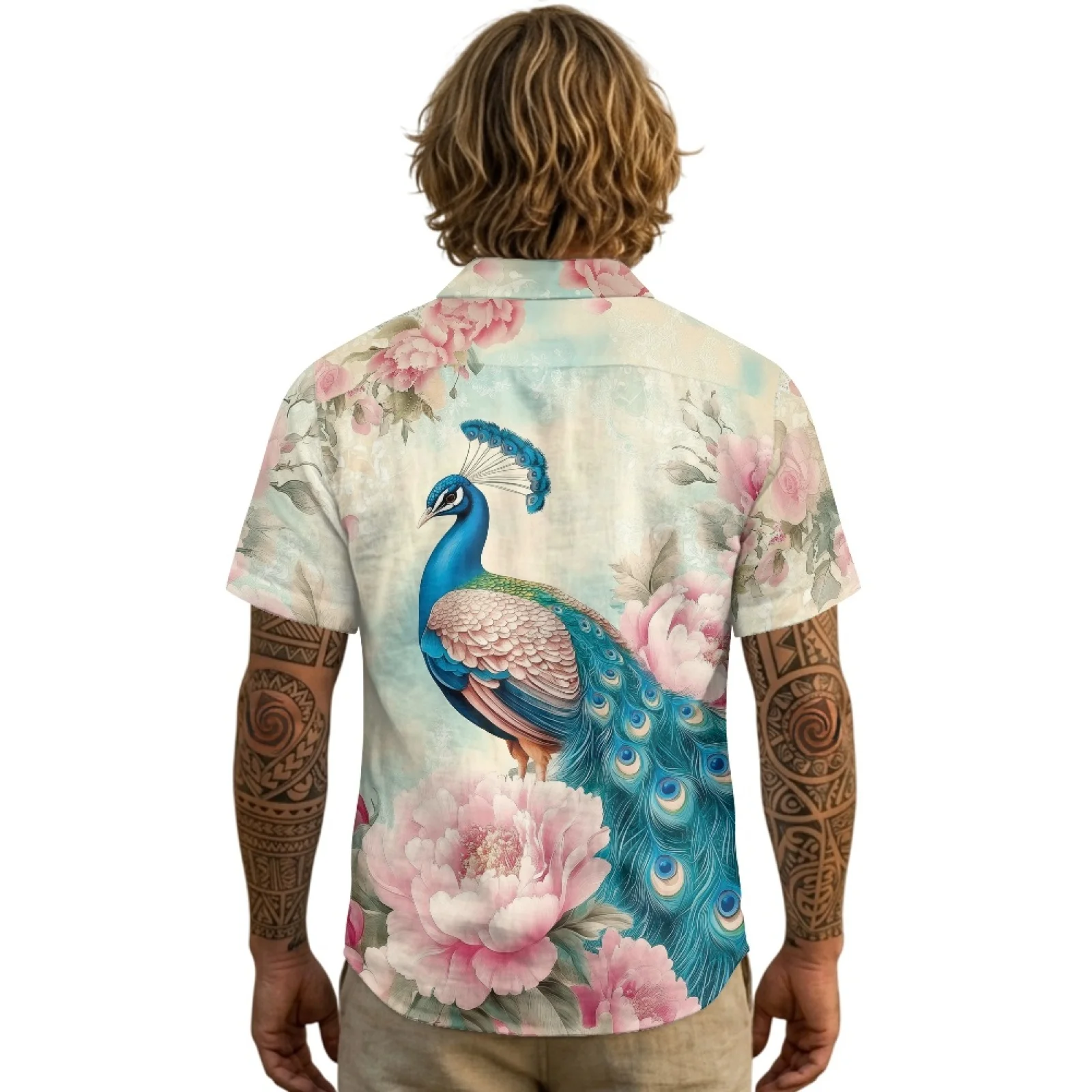 PENSTROLL Peacock and Flower Linen Style Men's Hawaiian Beach Shirt Lightweight Hawaiian Shirts for Daily Casual S-3XL