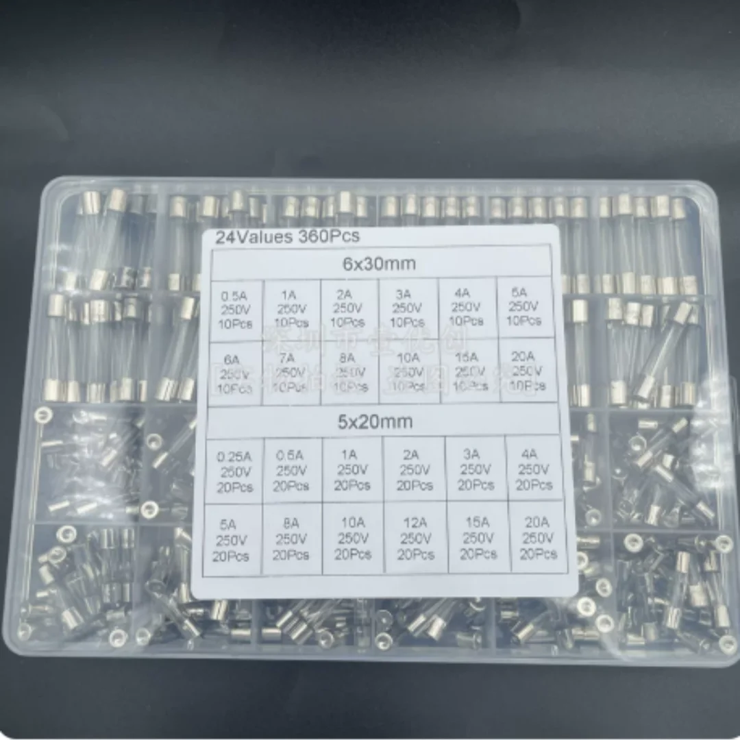 24 Specifications 360pcs Boxed 5*20 + 6*30mm Glass Fuse Assortment Kit 0.25A-20A