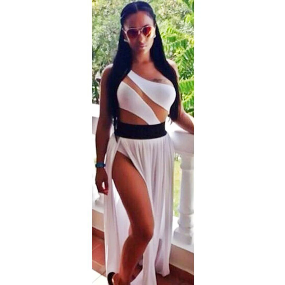 Vestidos largos Blanco Sexy Bodycon Maxi Club Vestido Un hombro Vestido recortado Verano Nigh Club Vestidos de fiesta