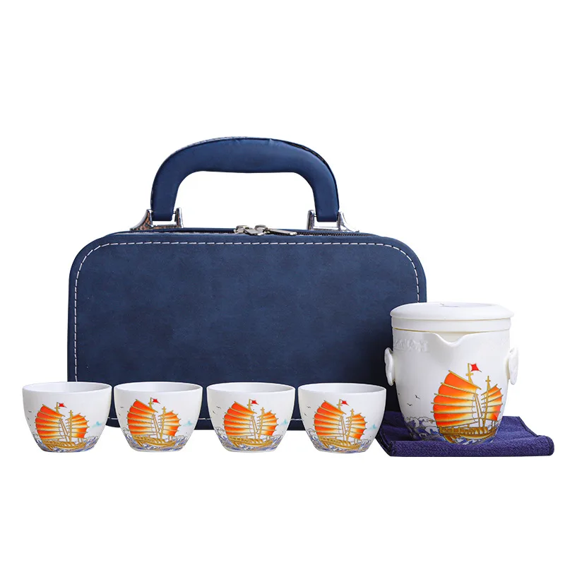 

Белый фарфоровый дорожный чайный сервиз, нефритовый фарфор, автомобильная портативная сумка для хранения на открытом воздухе, бизнес-подарок