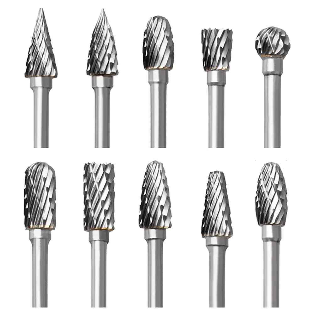 

10 pcs Tungsten Carbide Milling Cutter Rotary Tool Carbide Double Cut Carving Burr Bits 1/8” Shank Rotary Tool for Steel Metal