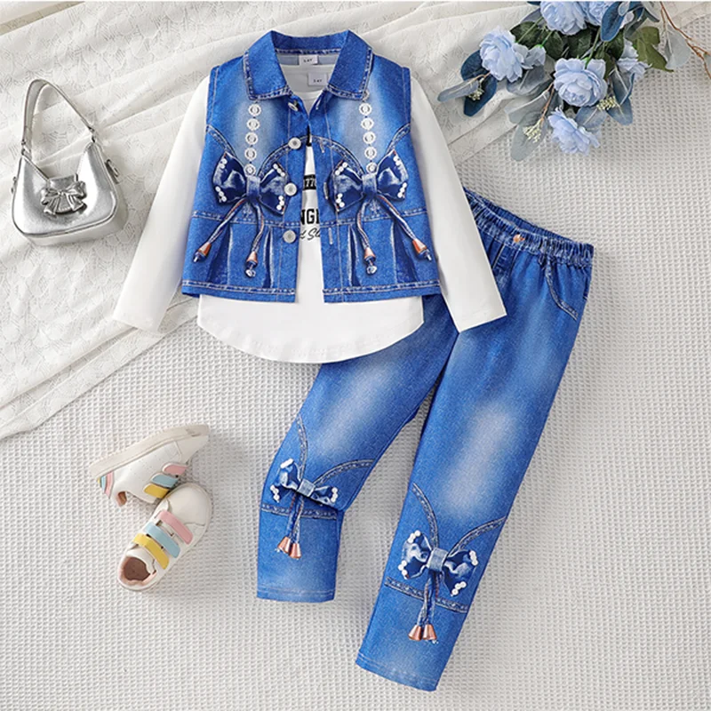 Fashionable Trend Casual Spring and Autumn New Children's Set Girls Imitation Denim Vest Set Casual Long Pants Three-Piece Set