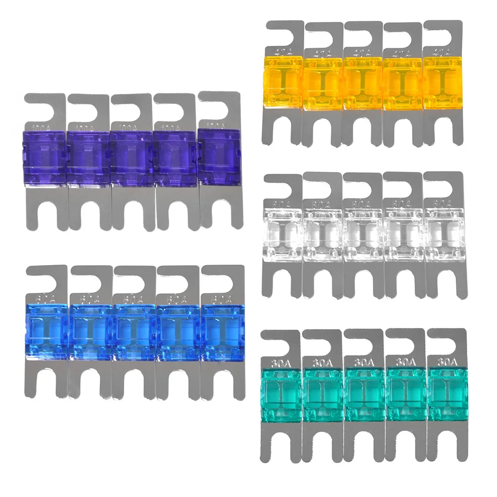 5pcs Auto Stud Fuses Nickel Plated 30/40/60/80/100A AFS Mini ANL Fuses Auto Replacement Multicolors for Car Stereo Audio
