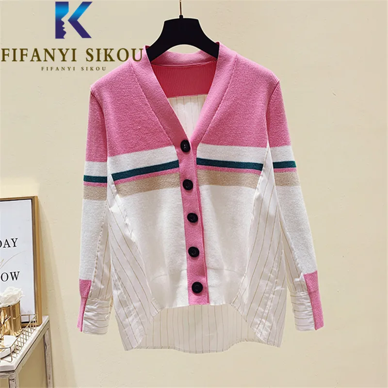 

Cardigan Women V-Neck Knitted Sweater Jacket Single Breasted Striped Spliced Fashion Knit Coat Asymmetry Loose Sweaters Female