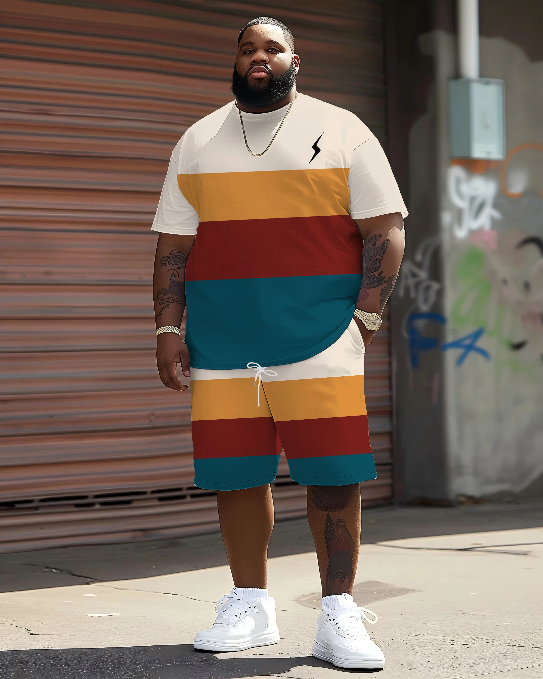 

2025's top-selling men's oversized lightning color-block tee & shorts set with checkered pattern