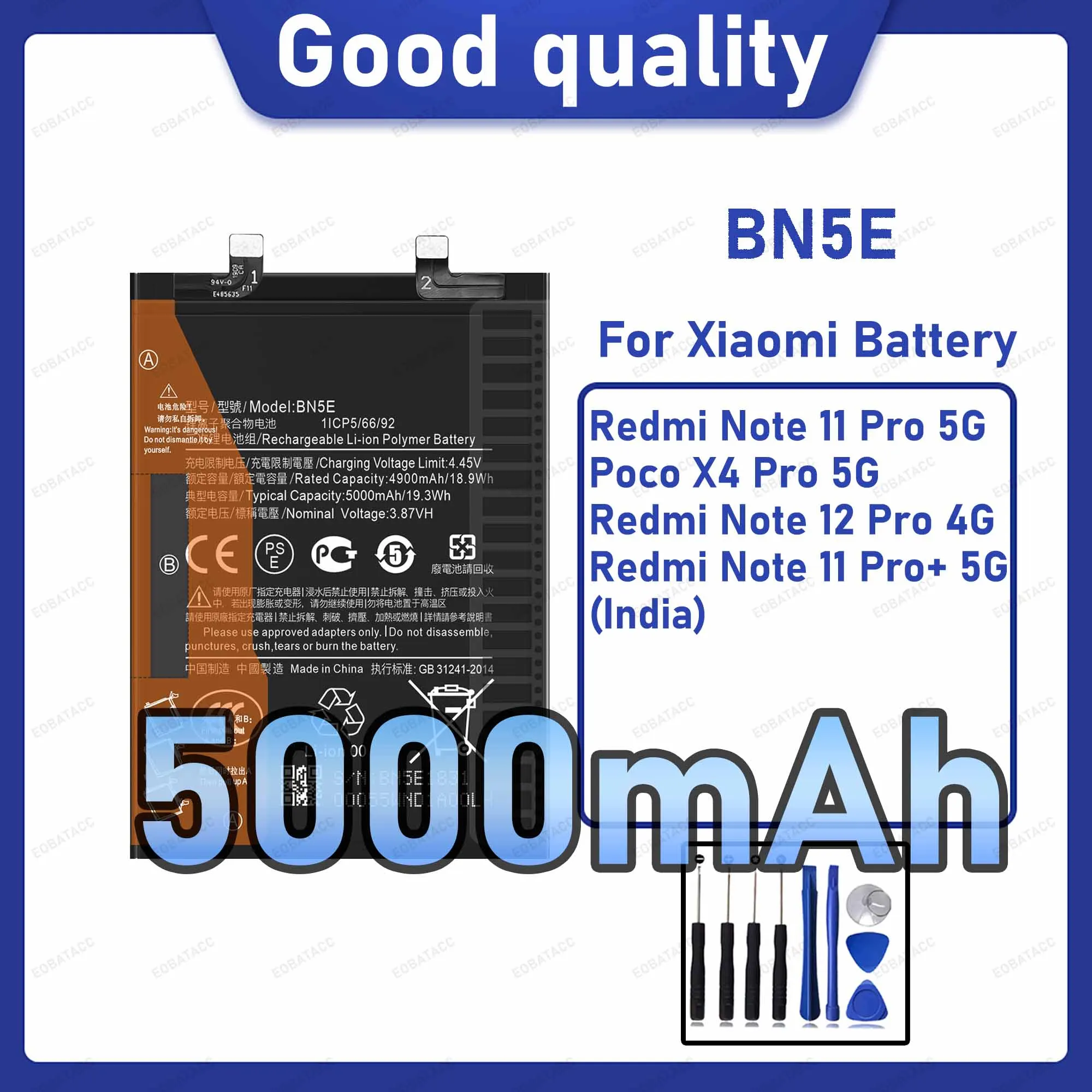 5000mAh BN5E Replacement Battery for Xiaomi Redmi Note 11 Pro 5G/Poco X4 Pro 5G with Repair Tools Kit