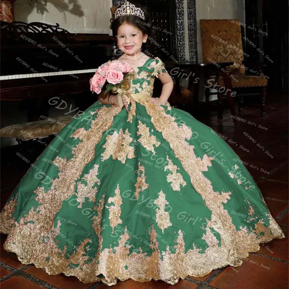 Girls Ball Gown Princess Dress Golden Applique Wedding Party Flower Girl Dress Customized Kids Backless Pageant Communion Gown