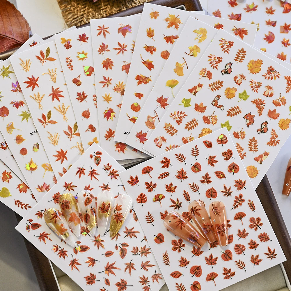 

12pcs/set 3D Laser Maple Leaf Nail Stickers Autumn Falling Leaves Gold Pumpkin Fox Nail Decals Gingkgo Leaves Design Nail Decals