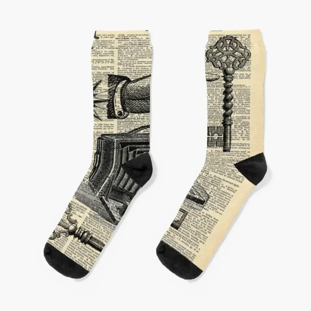 dictionary print steampunk skeleton keys antique camera Socks Climbing new year retro Men's Socks Women's