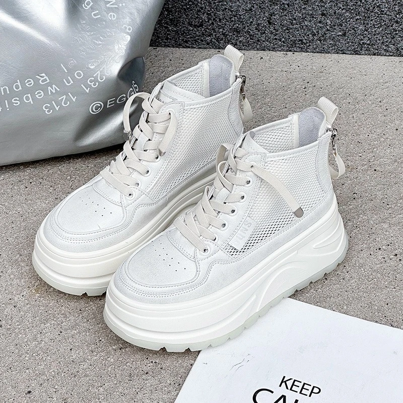 6,5 cm Mesh Atmungsaktive Leder-Damenschuhe Frühling Sommer Chunky Heels Lässige Stiefeletten Plateau-Keilabsatz Schuhe Zapatos