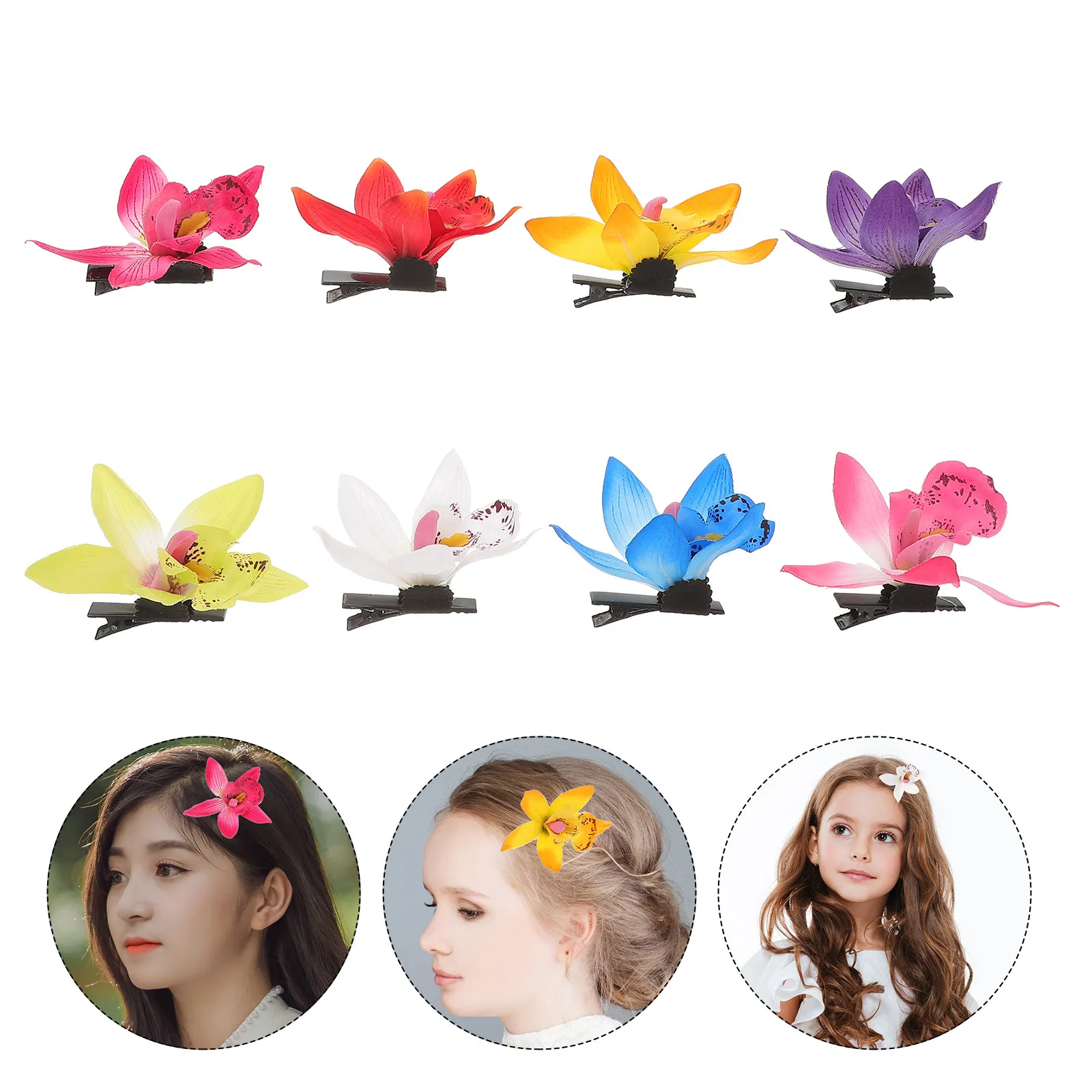 

Набор из 8 заколок для волос в виде орхидей, яркие цвета, премиум-материал, для свадеб, вечеринок, повседневной носки, в гавайском стиле
