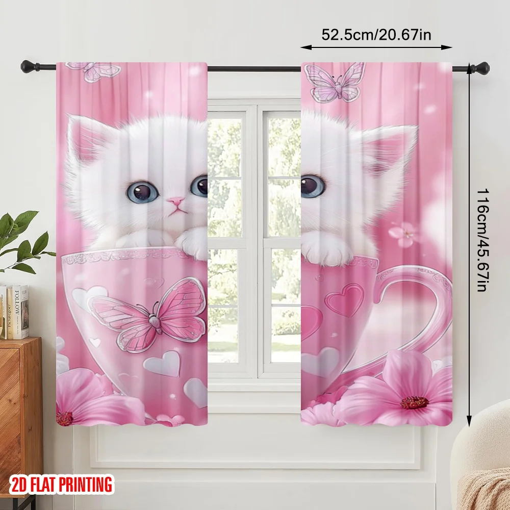 2pcs,2D plane printing Curtain Fabric Cuddly Teacup Twins Versatile Fabric (without rod) Festive Perfect for Study, Living Room,