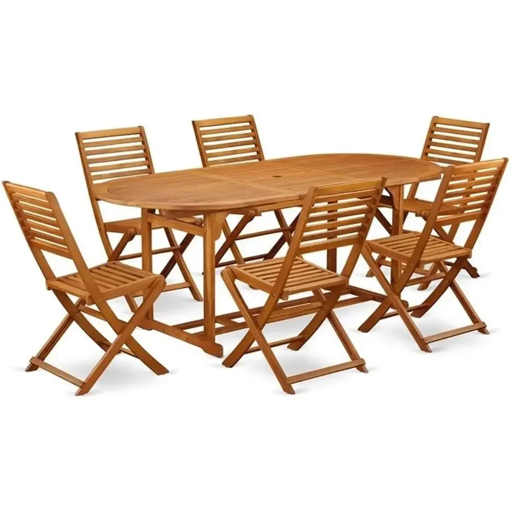 7-Piece Outdoor Patio Dining Set with Acacia Wood Oval Table and 6 Side Chairs, 36x78 Inch, Natural Oil