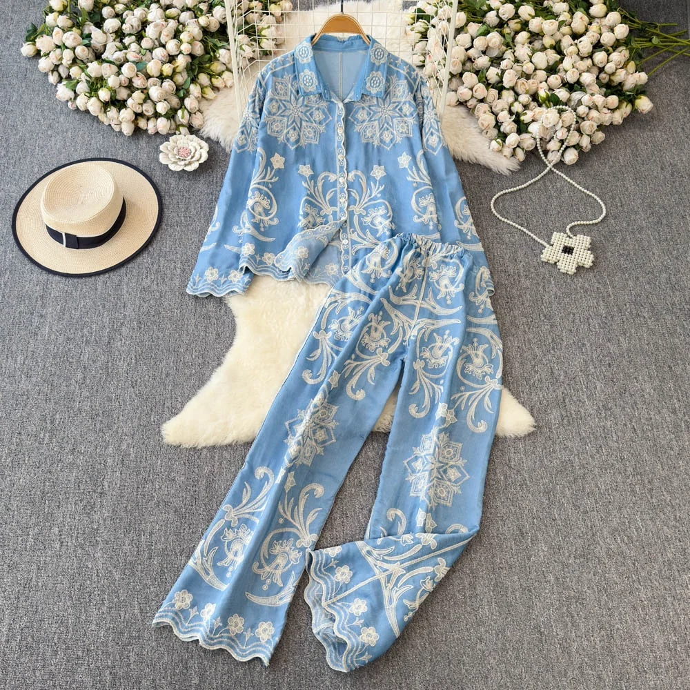 

Clothland Women Fashion Embroidery Blouse Trousers Suit Long Sleeve Shirt Wide Leg Trousers Office Wear Two Piece Set TA599