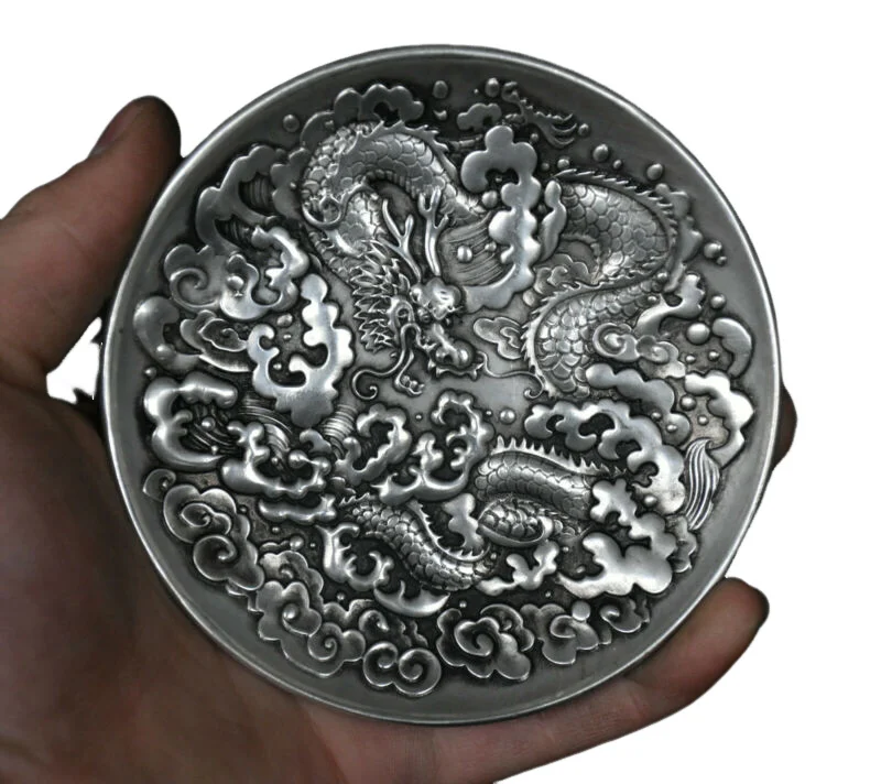 Chinese Dynasty Miao Silver Platinum Dragon Loong Pattern Plate Dish Fruit Tray