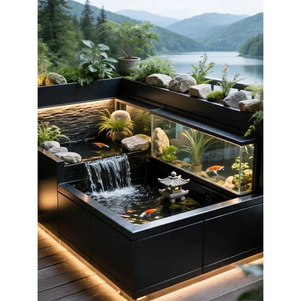 Luxury Stainless Steel Water Feature with Fish Tank & Planter Modern Outdoor Garden Fountain for Villa Patio Landscape
