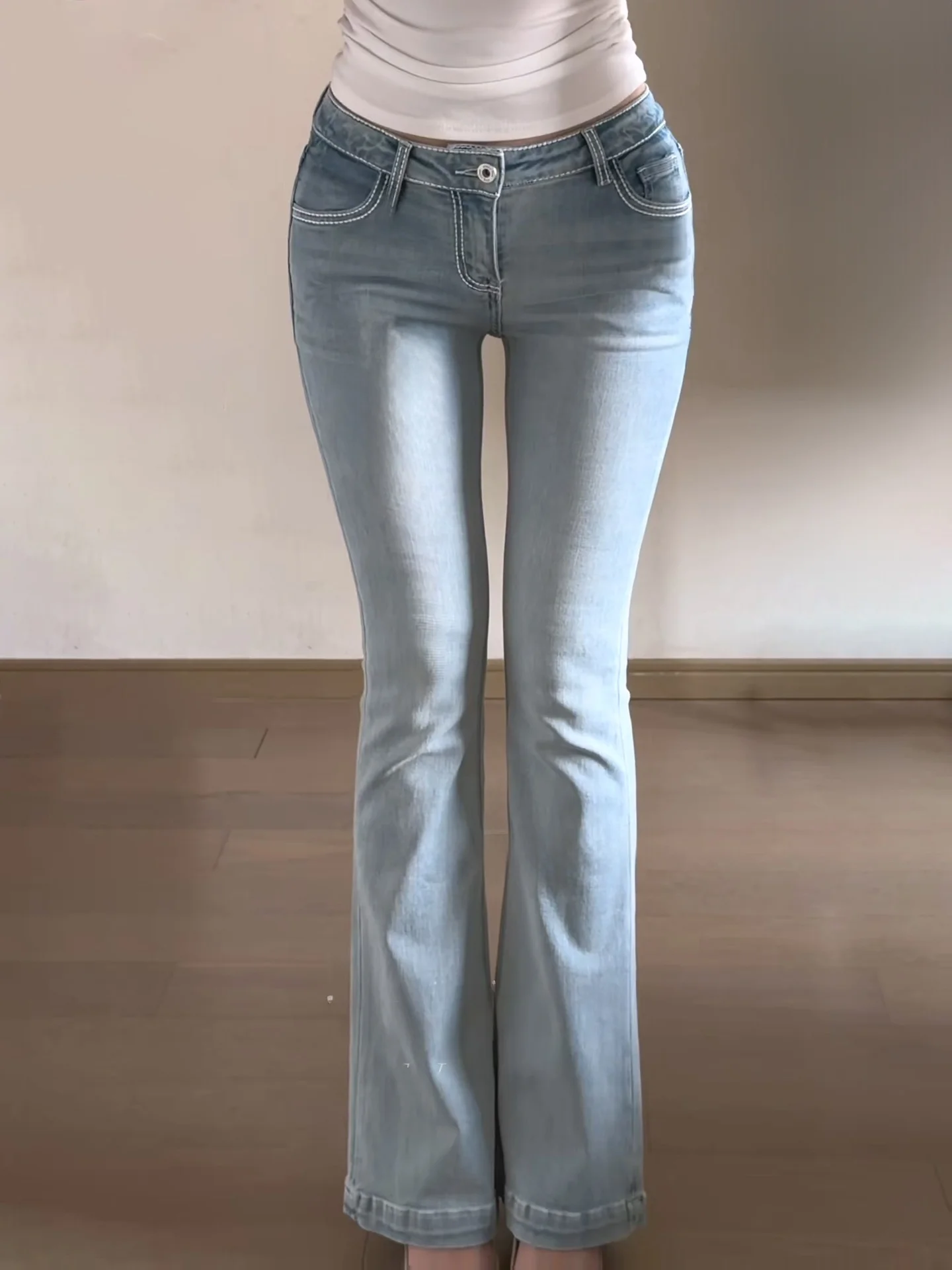 

Slimming High Waist Bell Bottom Denim Jeans Women's Salt And Pepper Blue Casual Straight Leg Long Pants with Stitching