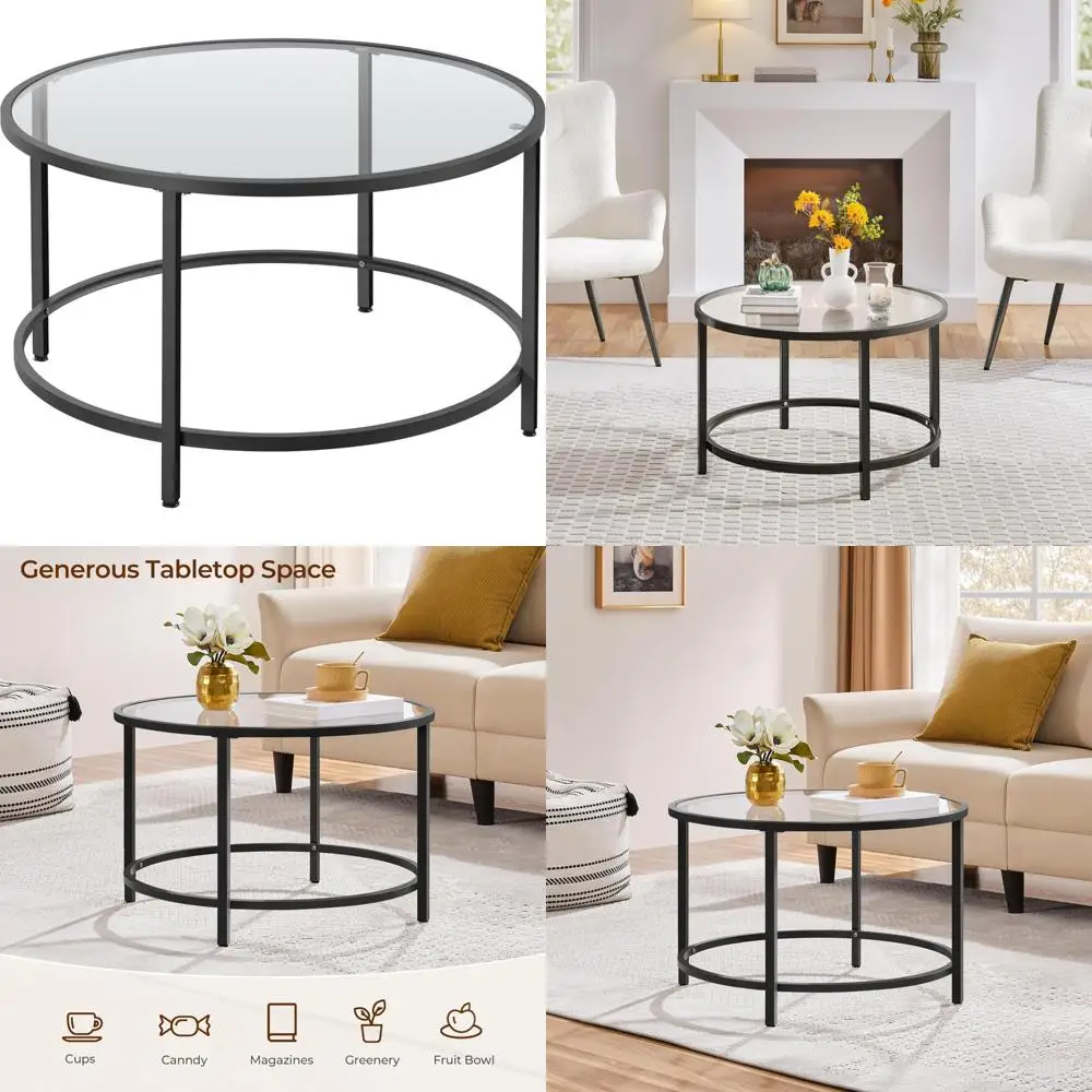 

Круглый стеклянный журнальный столик 27,6 Маленький центральный столик для гостиной с черным кругом для современного домашнего декора