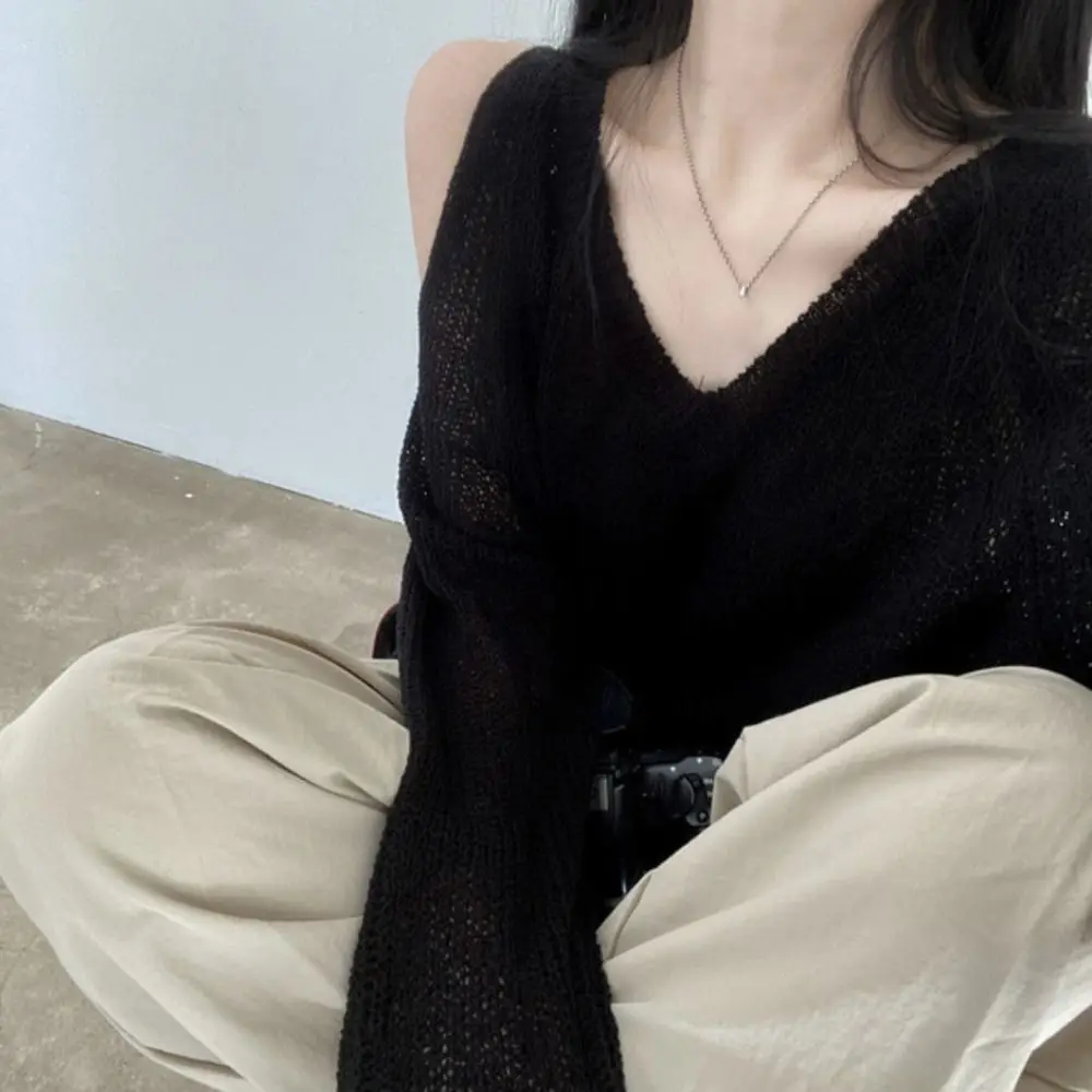 موضة الجوف خارج متماسكة طويلة تي شيرت البلوز الخامس الرقبة الكروشيه تريكو كم طويل شيك محبوك فضفاض المرأة