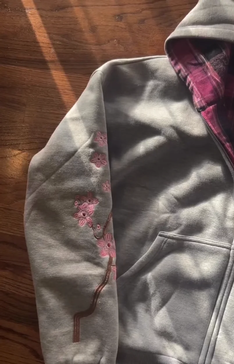 Y2K خمر زهر الكرز التطريز قلنسوة بسحاب Harajuku فضفاض عكسها بسيطة شبكة سترة الرجال النساء معطف الوردي الشارع الشهير