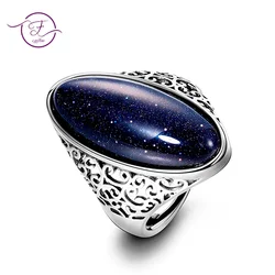 Vintage Natural Blue Sandstone S925 Sterling Silver Rings for Women  Fine Jewelry Party Elegant Wedding  Finger Ring Gift