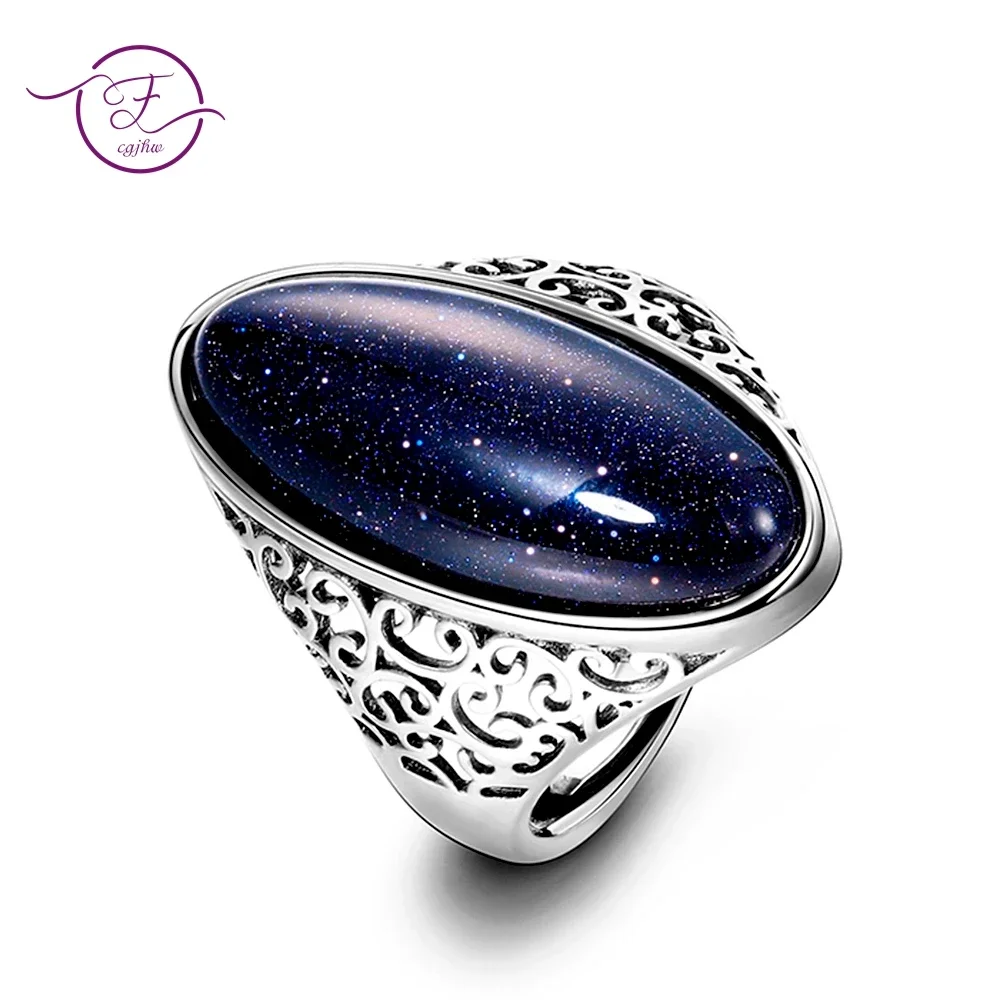 Vintage Natural Blue Sandstone S925 Sterling Silver Rings for Women  Fine Jewelry Party Elegant Wedding  Finger Ring Gift