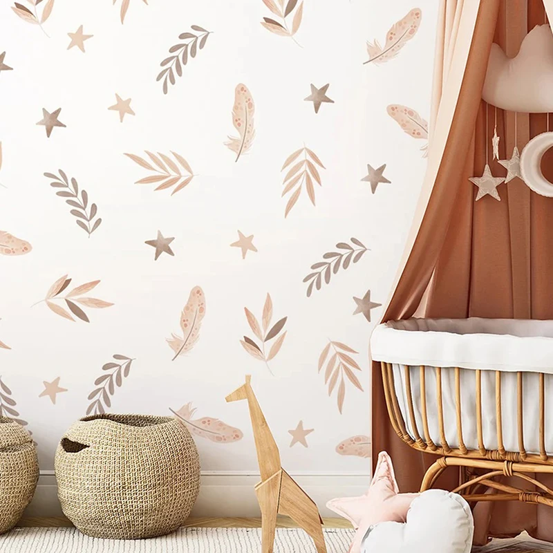 Boho Cartoon Plant Wall Stickers For Kids Rooms Star Feather Leaves Wallpaper Nursery  Home Decoration Interior Decals Wall Art