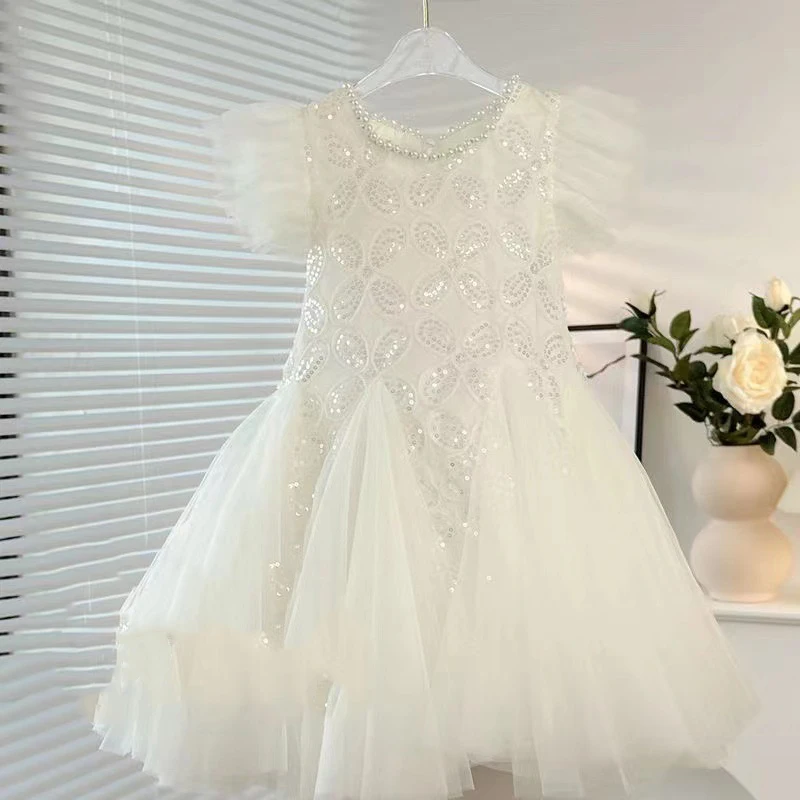 Princess Kids Sweet Fashion Dress Holiday  2-10T Top Quality 2025 New Baby Summer Girls Sequined Mesh  Party Dress
