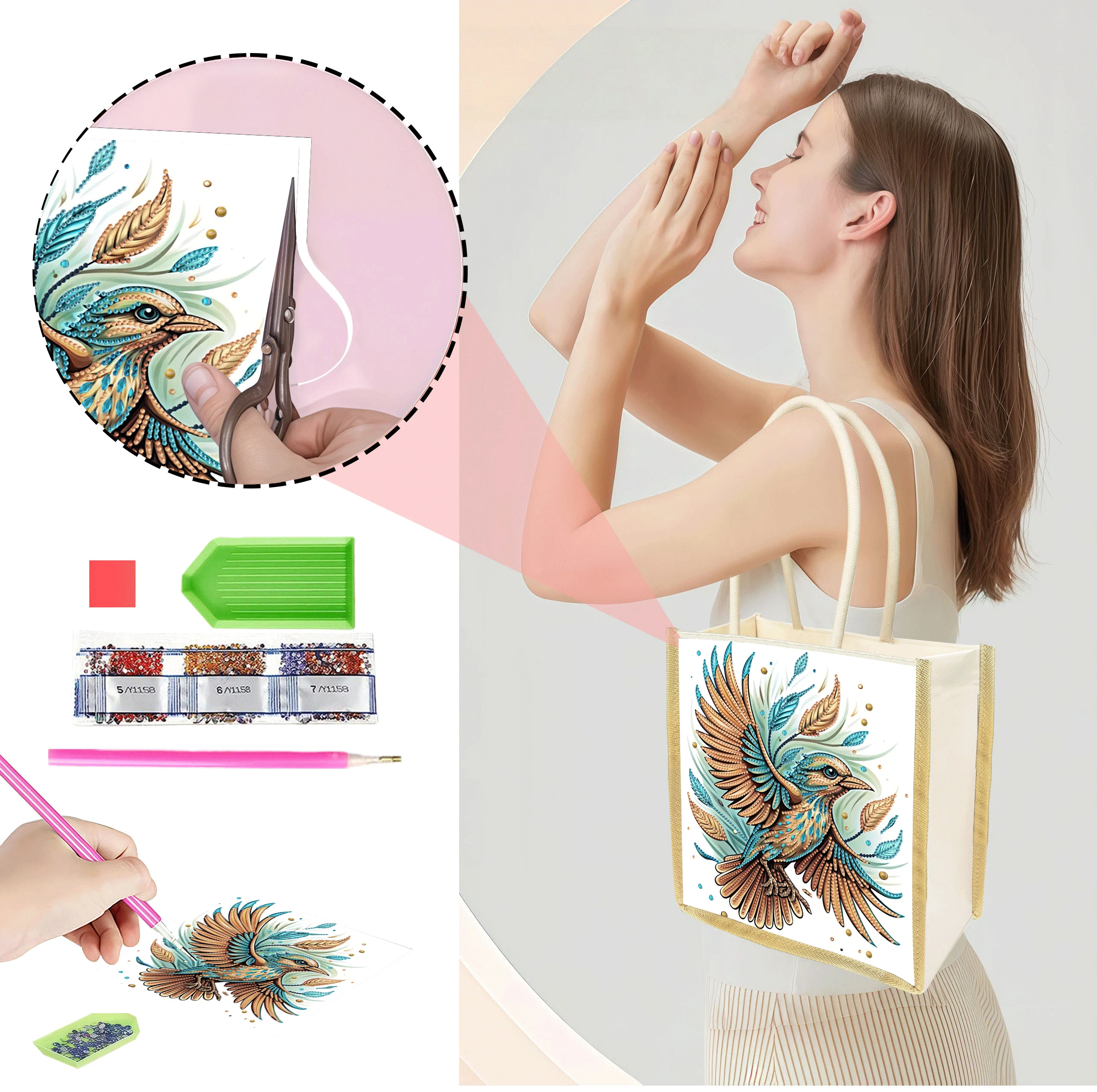 

1 Piece of Diamond Painted Shopping bag, bird Pattern, canvas Material Replaceable Pattern, Creative gift for girls' Holidays