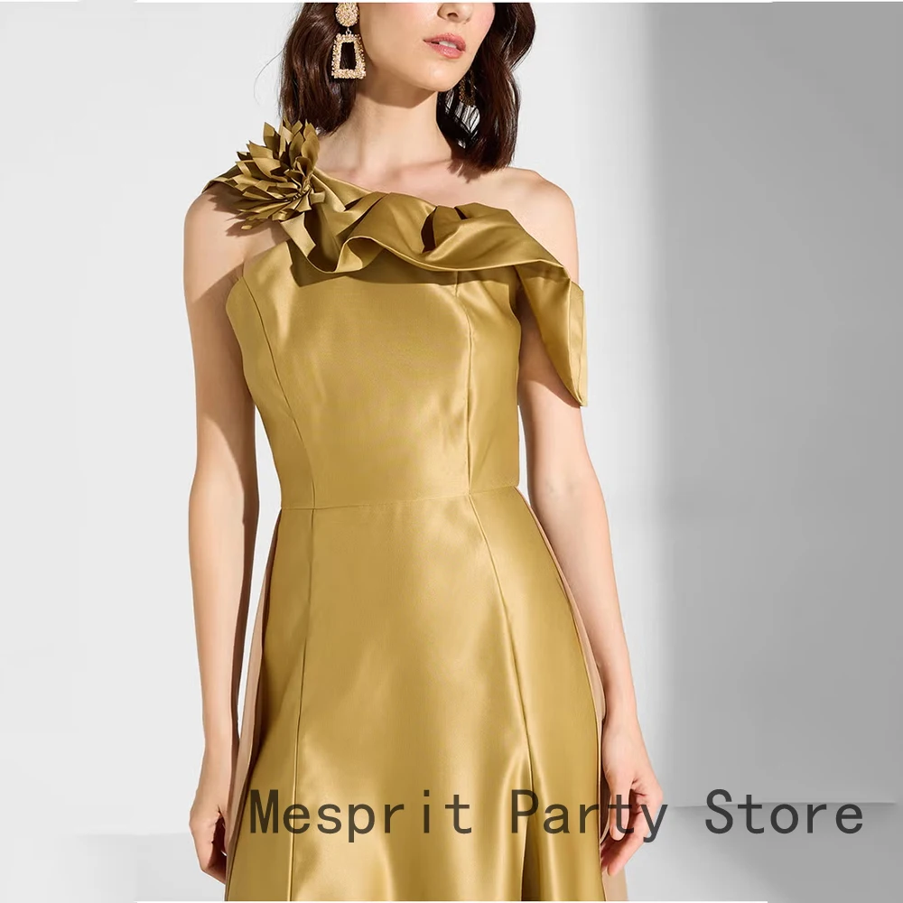 Elegancka Złota Suknia Wieczorowa Długa Sukienka na Bal Studniówkowy Jedno Ramię Linia A Formalna Suknia na Przyjęcie Falbany Kwiaty Sukienka Arabia Saudyjska