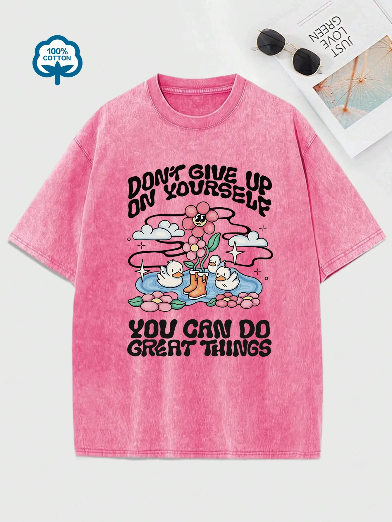 Don'T Give Up On Yourself Happy Swimming Ducks Print Washed Tee Shirts Womens Cotton Hip Hop T-Shirts Summer Tops Loose Clothes