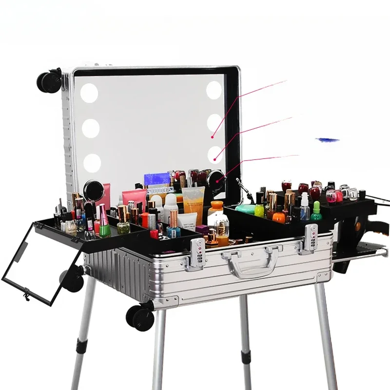 Professional aluminum-magnesium alloy makeup case, suitcase, lighted mirror stand, trolley, follow-up toolbox, 24 inches