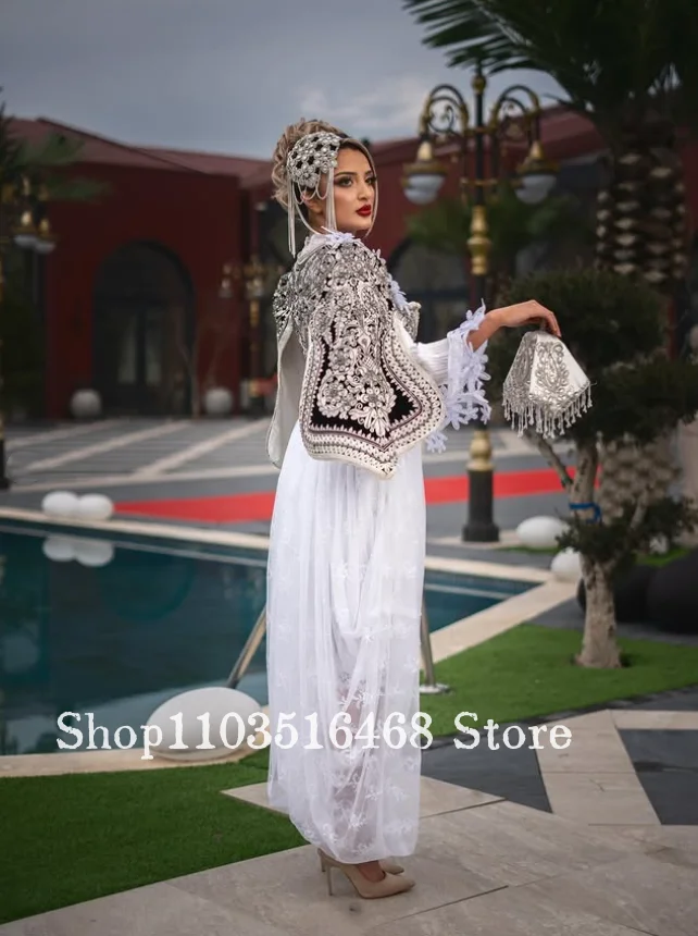 Traditional Algerian Wedding Dress Silver Embroidered Appliqué Lace Arabic Bridal Gown Customized Formal Dress Wedding Party Dre