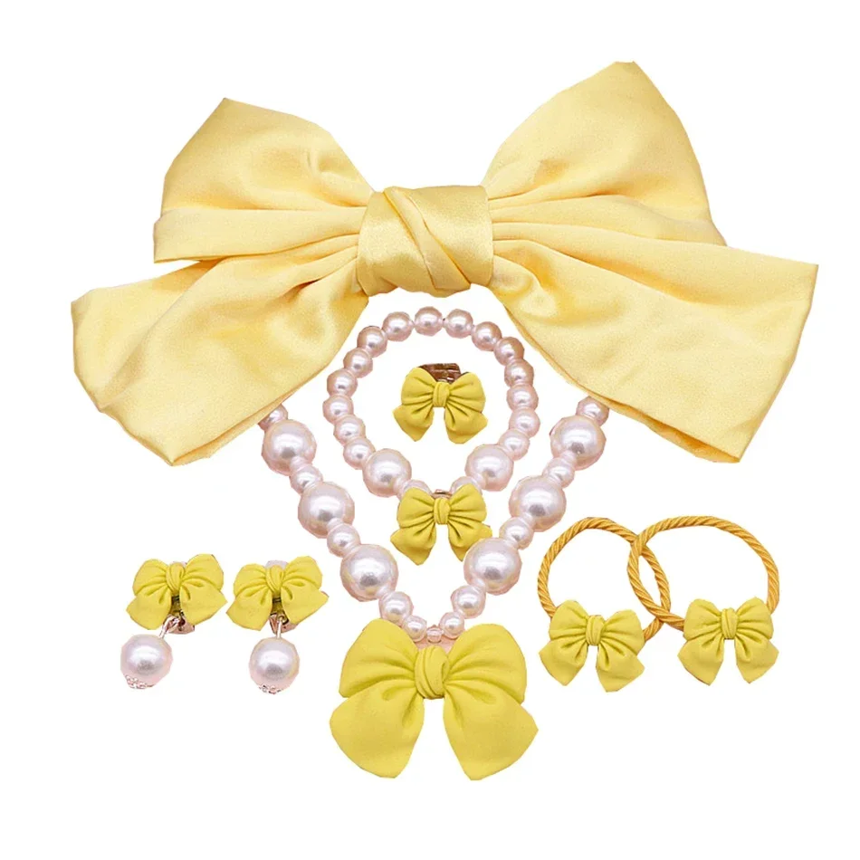 Girls Big Bow Hairpin Pendant Pearl Necklace Bracelet Ear Clip Children\'s Necklace Set Girl Jewelry Accessories Children\'s Gift