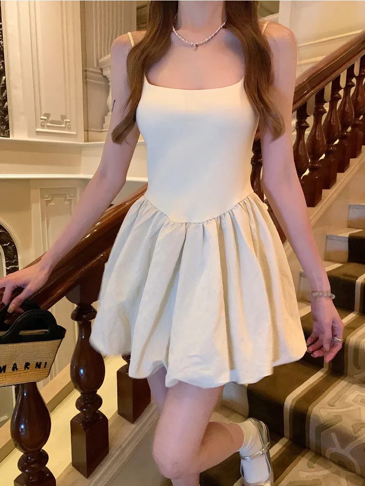 ผู้หญิงฤดูร้อน Party Suspender Bubble Dress Lady Ruched มินิเดรสหญิงคลาสสิกชุดวันเกิด