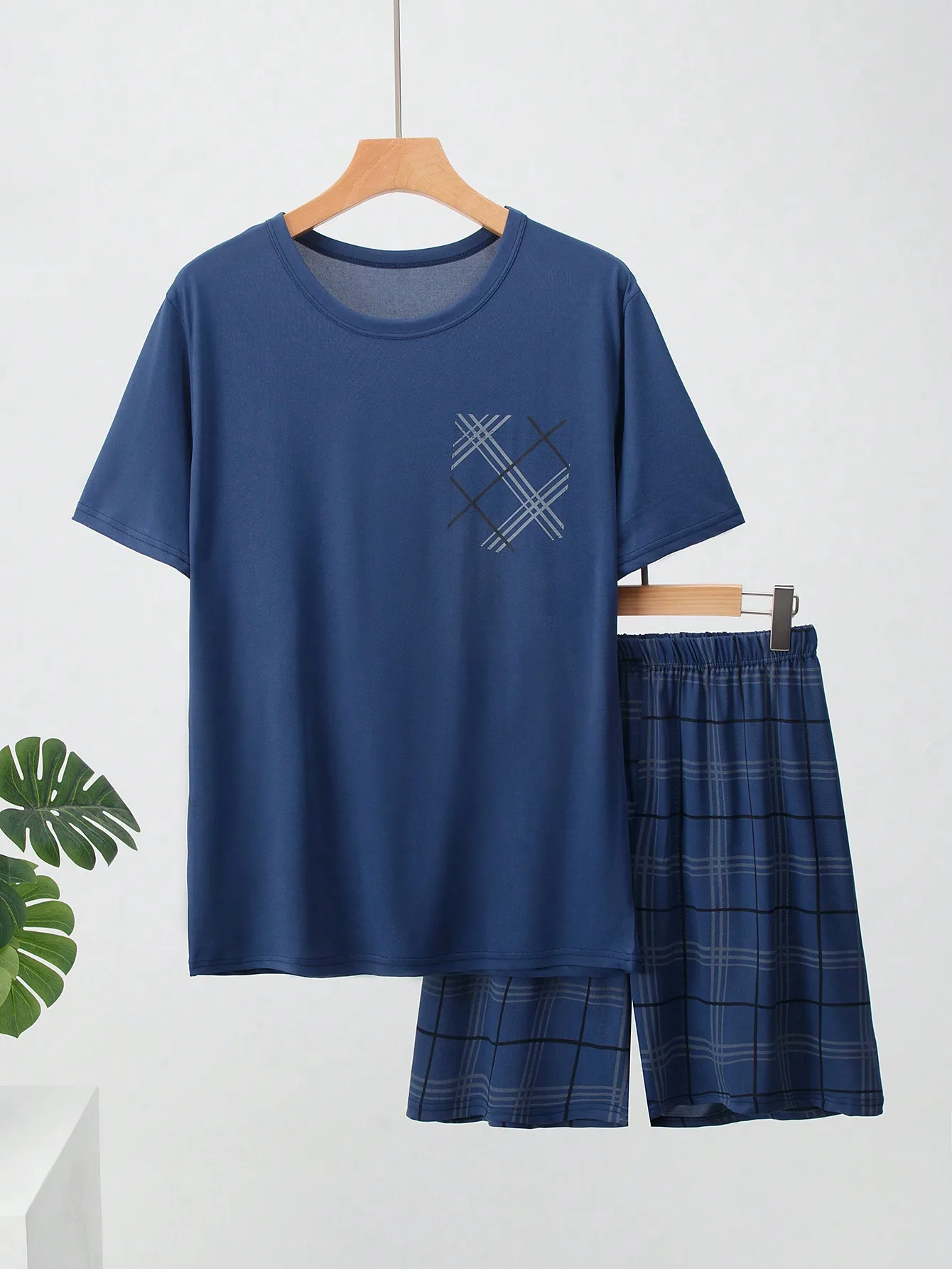 

2-Piece Men's Lightweight Pajama Set - Short Sleeve Top & Plaid Shorts